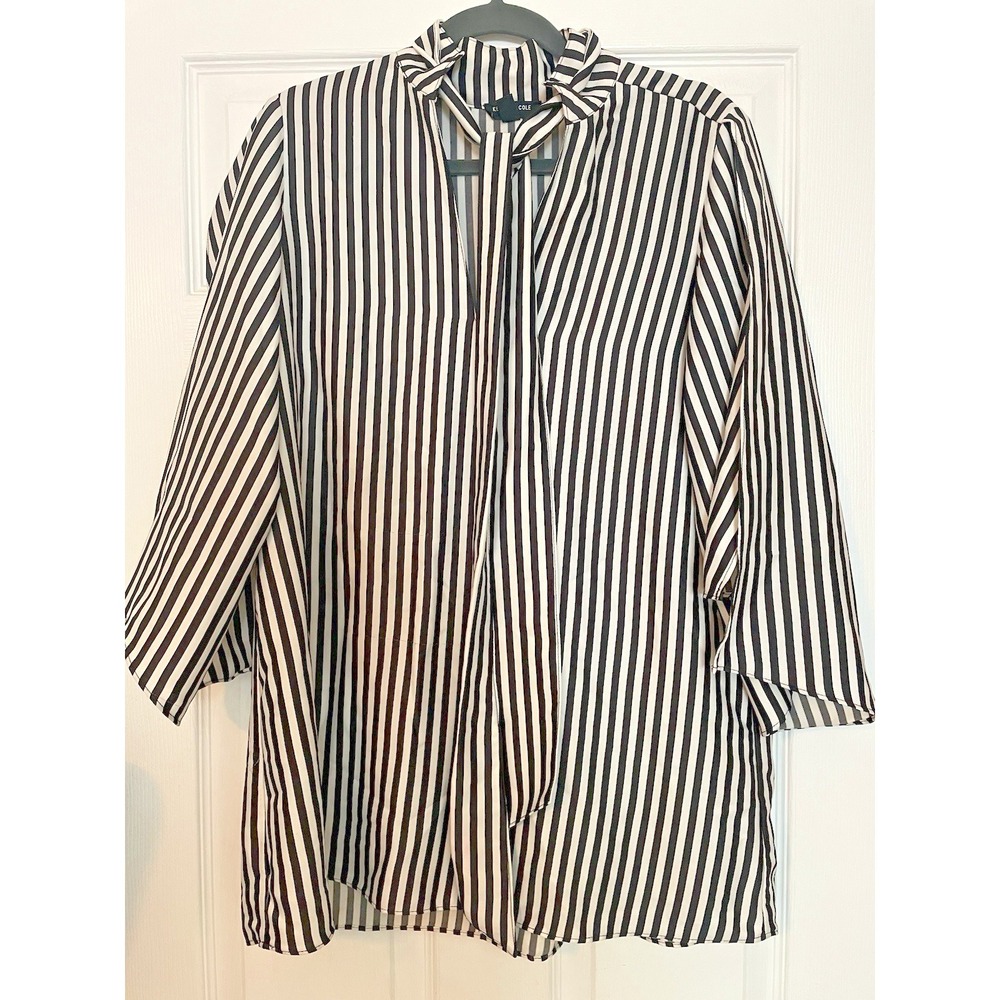Kenneth‎ cole blouse tunic size Medium Black Stripe tie collar split sleeves